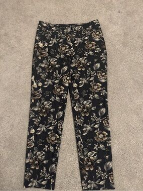 St. Emile Luxury Black Floral Slim Trousers with Beige and Cream Blooms